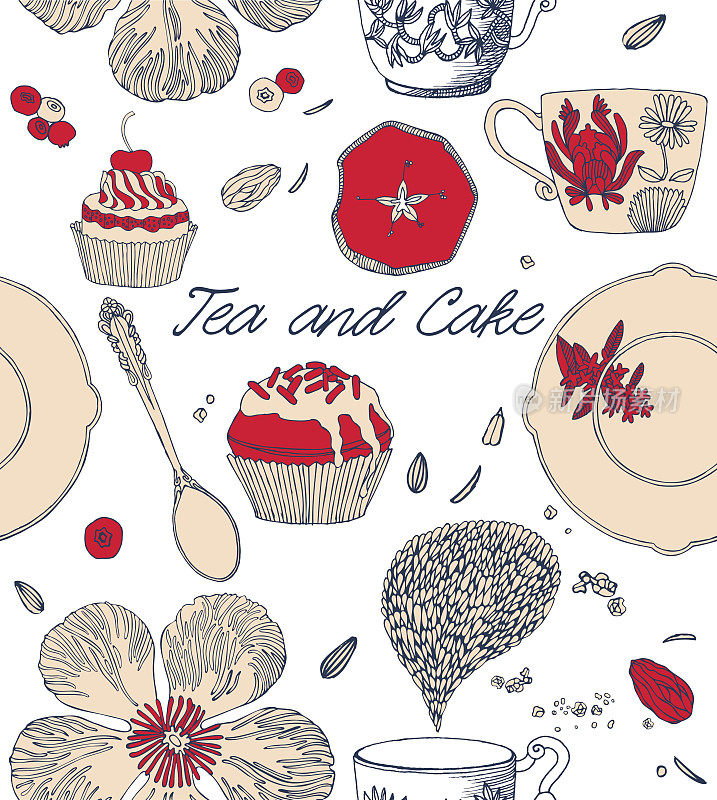 甜食、馅饼和蛋糕。矢量插图。