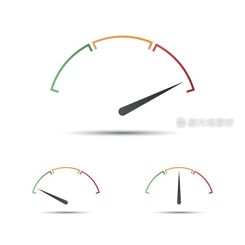 一套简单的矢量转速表，指示器在绿色，黄色和红色部分，速度表图标，性能测量符号