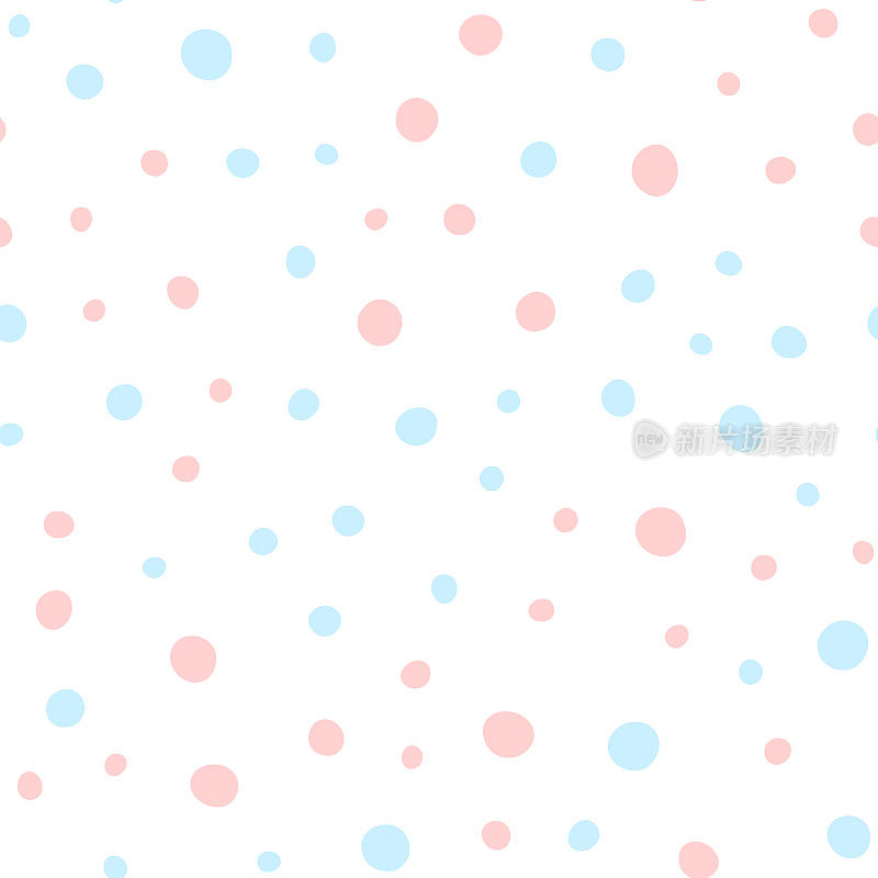 白色背景上的粉色和蓝色圆点。可爱的无缝模式。不规则的圆点花纹。手工绘制。