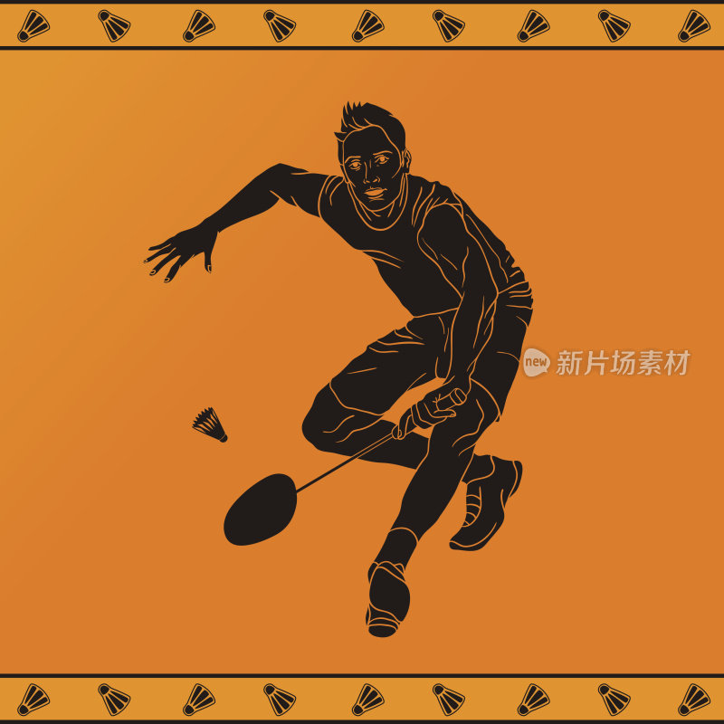 古代风格的职业羽毛球运动员的详细剪影