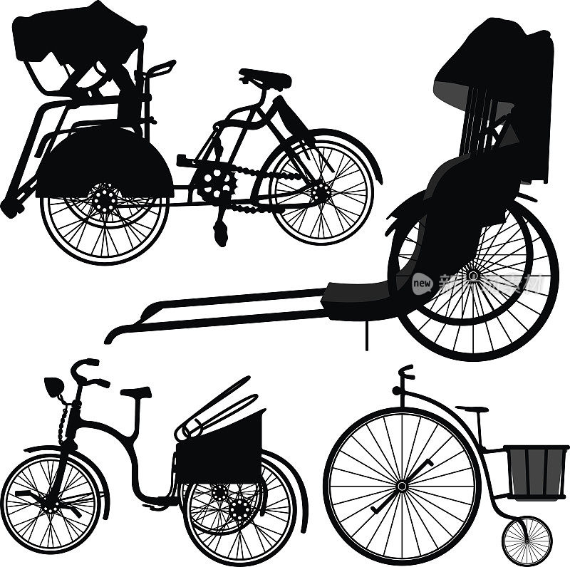 旧的传统自行车三轮车的剪影向量