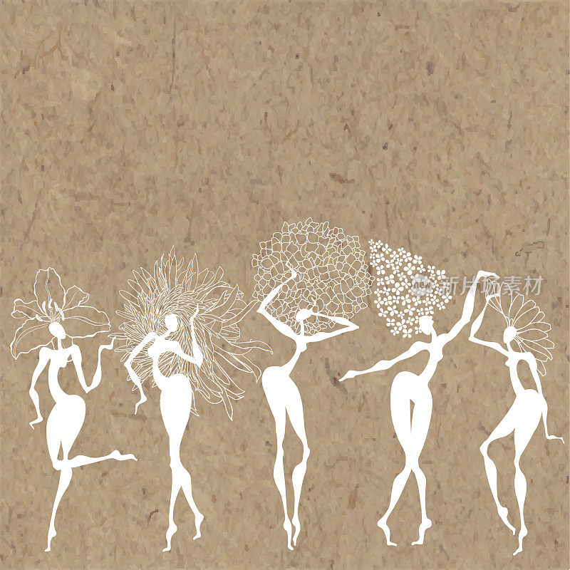 Girls-flowers。矢量插图的五个不同的变体跳舞的女孩:百合，洋甘菊，丁香，菊花，绣球在牛皮纸与文字的地方。邀请，贺卡或您的设计元素。