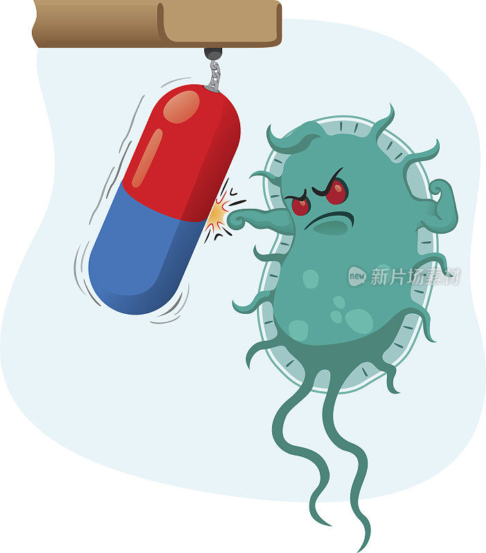 一个超级细菌的卡通代表微生物，因为药物或抗生素而变得强壮和坚韧。理想的信息和药用材料
