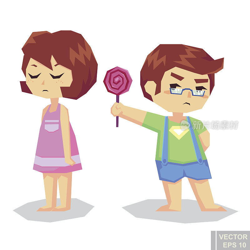 男孩和女孩分享糖果和解后吵架矢量平面卡通插图