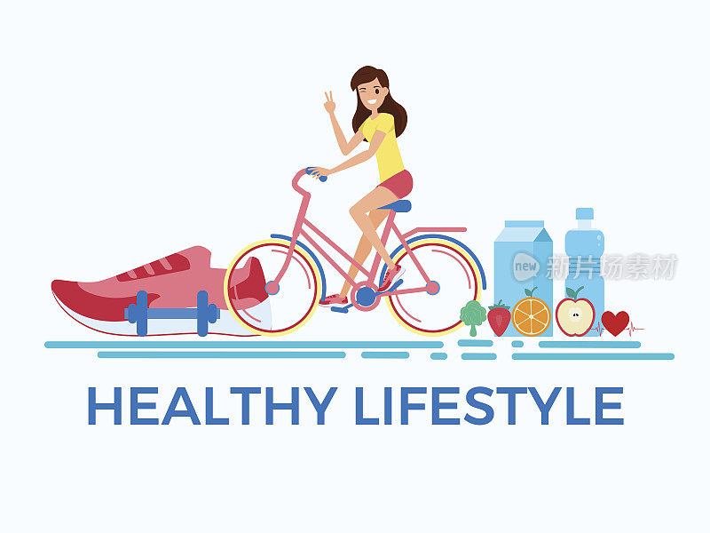 平面设计风格。健康的生活方式的概念。骑自行车的年轻成年女子。适当的营养、健康的食品和运动器材。