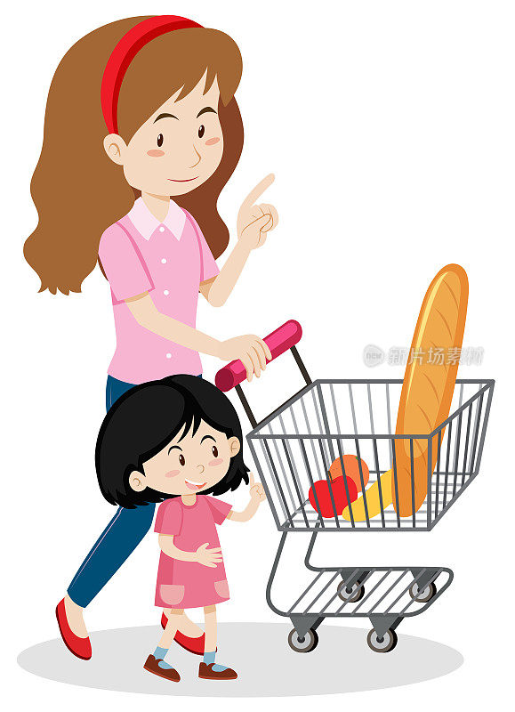 女孩和妈妈在买食物