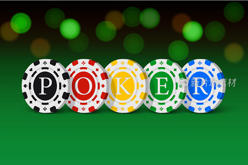 绿色赌场桌子与扑克字赌场芯片。向量赌博插图。