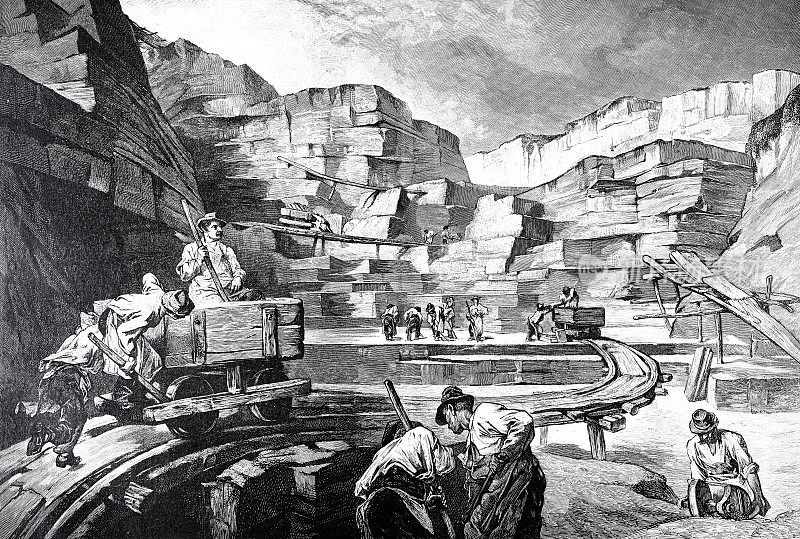 采石场工人和手推车在一个巨大的工地