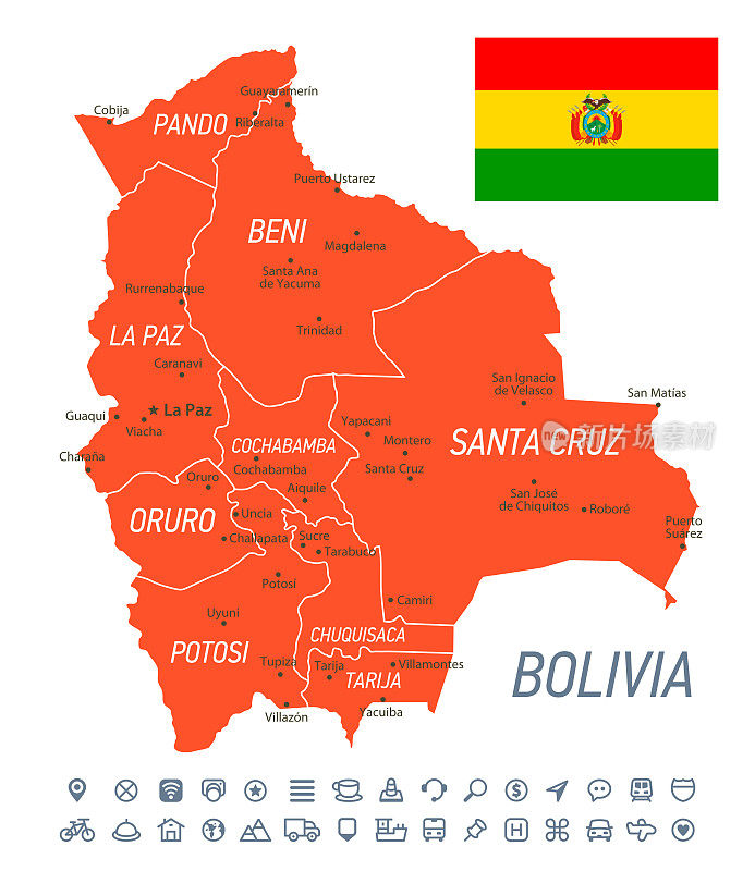 玻利维亚的地图。矢量地图与国旗，省份和导航图标