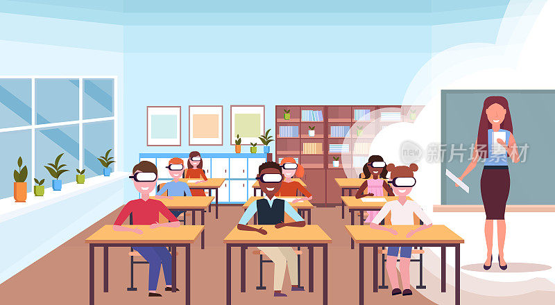 混合种族小学生坐课桌戴着数字眼镜虚拟现实女教师看书耳机视觉教育理念现代学校教室内部水平平坦