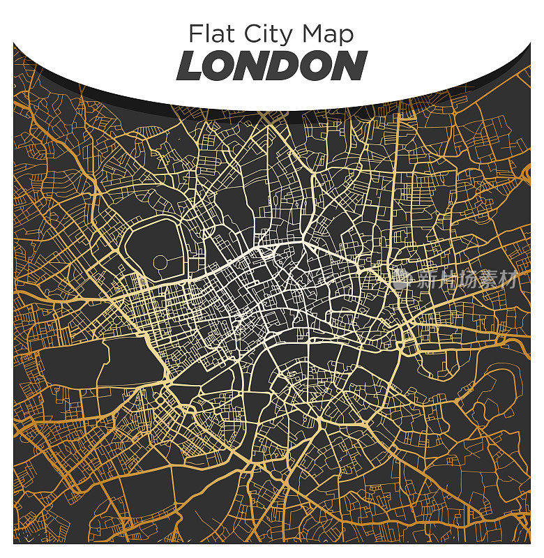 明亮闪亮的黄金地图的中心伦敦在黑暗的黑色背景