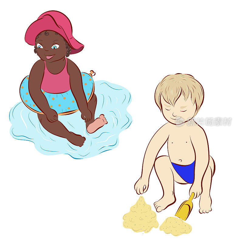 非裔美国人和白人孩子在海滩上