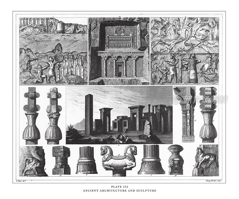 古代建筑与雕塑雕刻古董插画，1851年出版