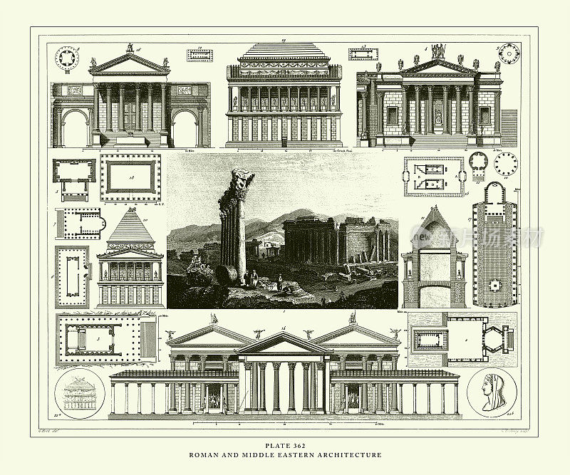 雕刻古董，罗马和中东建筑雕刻古董插图，出版于1851年