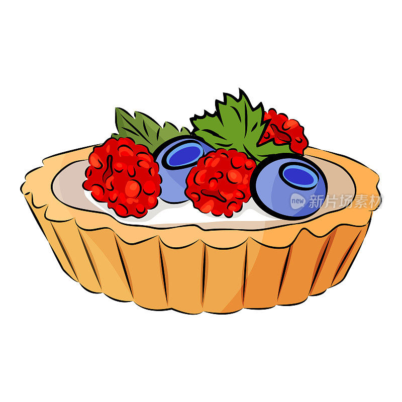 现实的水果蛋糕。蓝莓，薄荷，覆盆子和酸奶或奶油酱在脆饼杯。孤立在白色背景上。矢量插图。