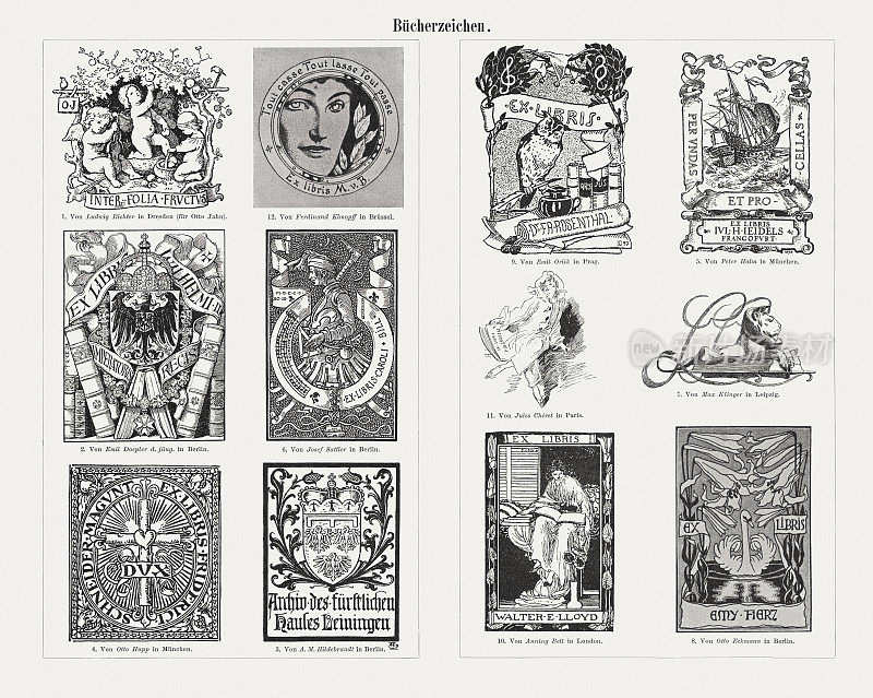 欧洲历史书刊(Exlibris)，木刻，出版于1900年