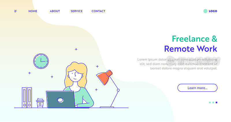 自由职业者和远程工作网页概念与可编辑的描边线插图。