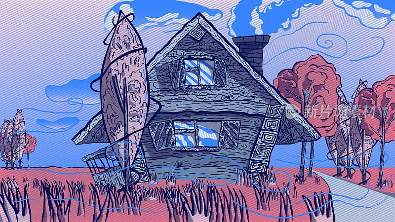 手绘卡通插图-乡村房屋在野外。