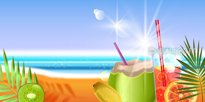 夏日冷饮海报上有绿椰子、橙汁、芒果、猕猴桃、棕榈叶。