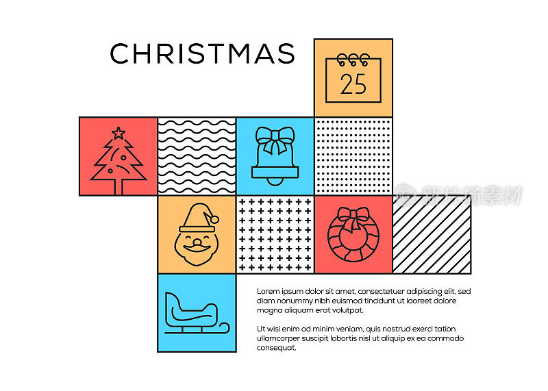 圣诞节相关孟菲斯风格设计与线图标。简单的轮廓图标。