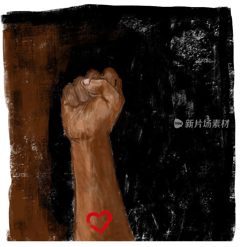 举起拳头，用心。社会正义，抗议，示威，黑色和棕色背景。