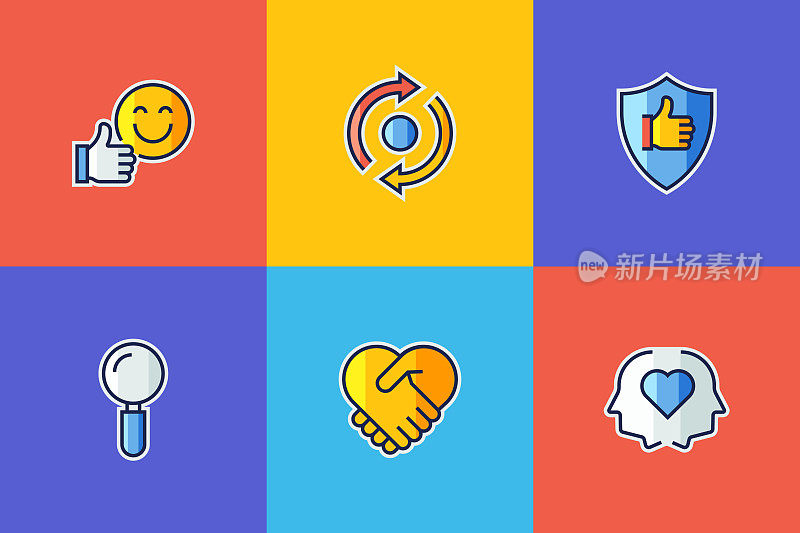 核心价值相关的平面线图标，轮廓向量符号插图。