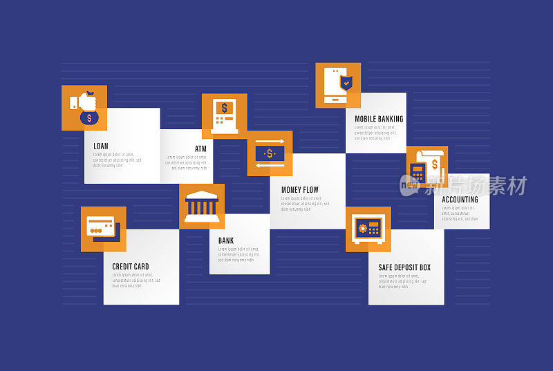 信息图表设计模板。贷款，手机银行，货币转换器，银行，信用卡，信用卡投资图标与6个选项或步骤