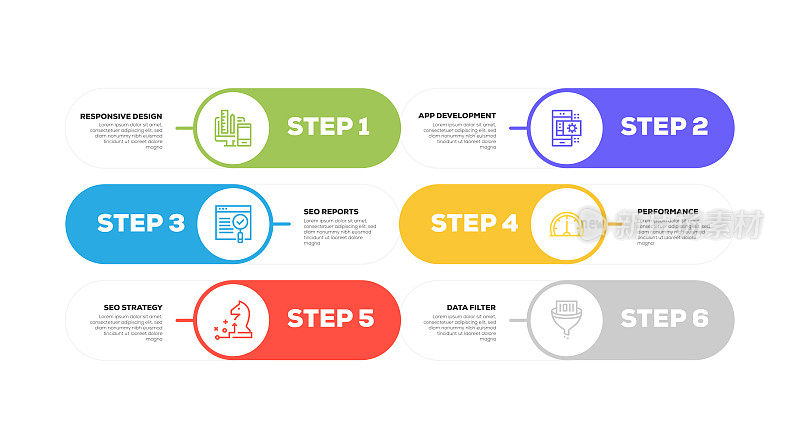 信息图表设计模板。响应式设计，搜索引擎优化报告，搜索引擎优化策略，应用程序开发，性能，数据过滤器图标6个选项或步骤。