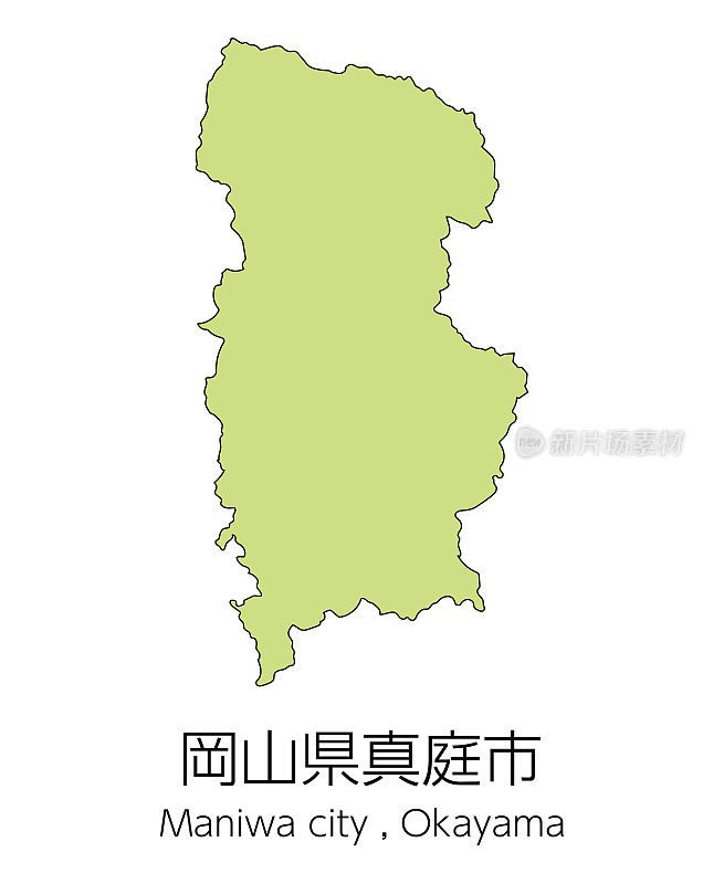 日本冈山县Maniwa市地图。翻译:“Maniwa市，冈山县。”
