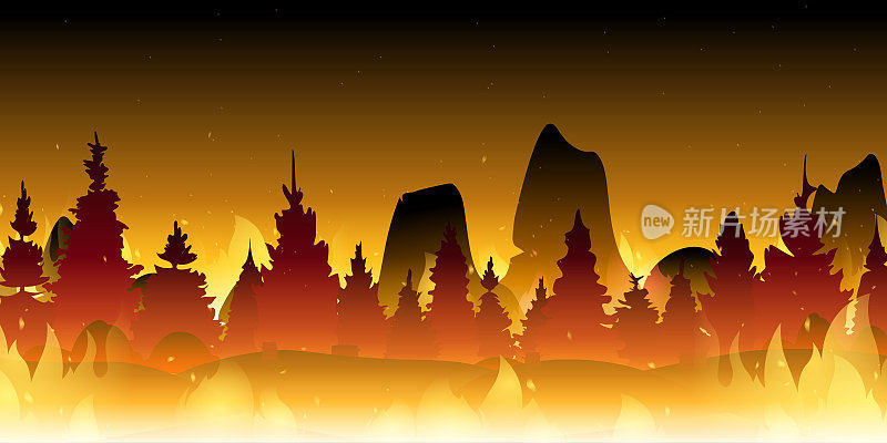 野火的背景。燃烧的森林。火在森林。烧毁景观、自然灾害、生态灾难的矢量卡通插画。
