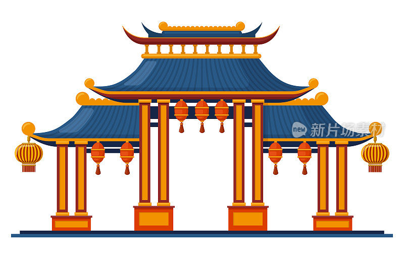 中国传统入口。亚洲传统建筑宝塔门孤立矢量插图。东方入口挂灯笼