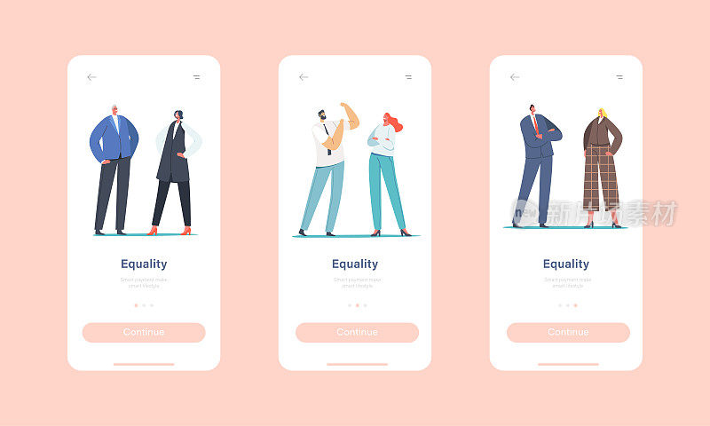 性别平衡和平等手机应用页面板载屏幕模板。商人和女商人平等权利