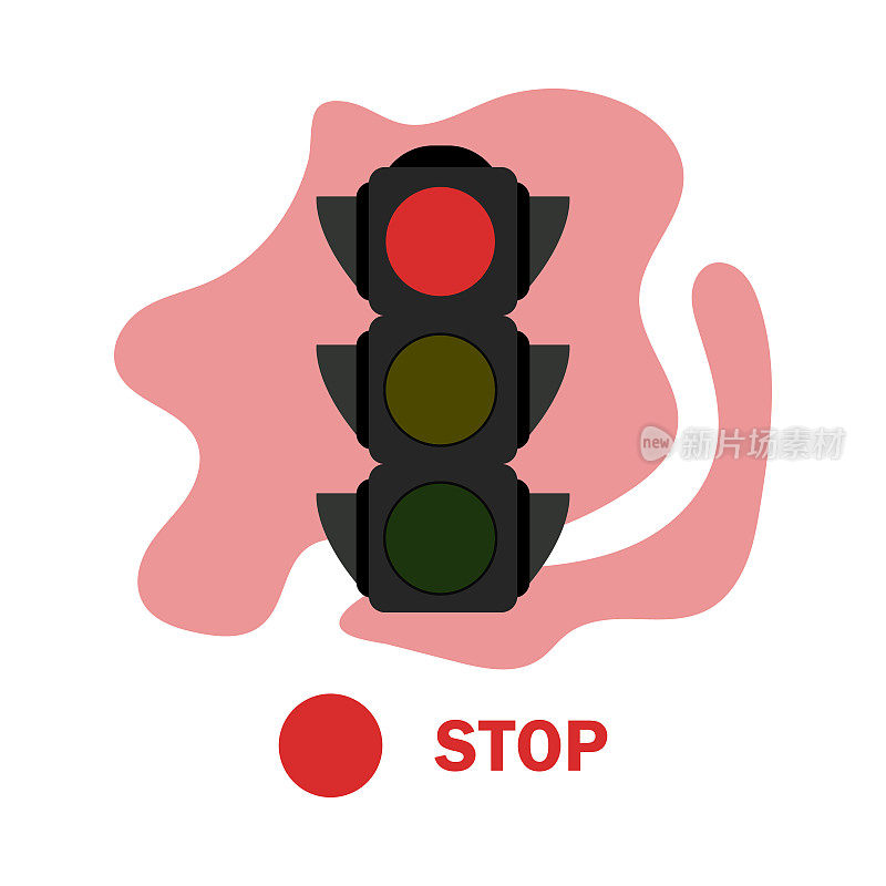 红色交通灯插图。平坦的红色交通灯与颜色斑点和文字停止。信号图标
