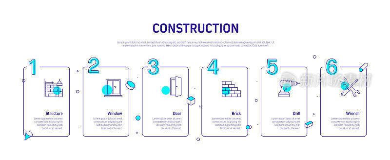 建筑业相关流程信息图模板。过程时间图。工作流布局与线性图标