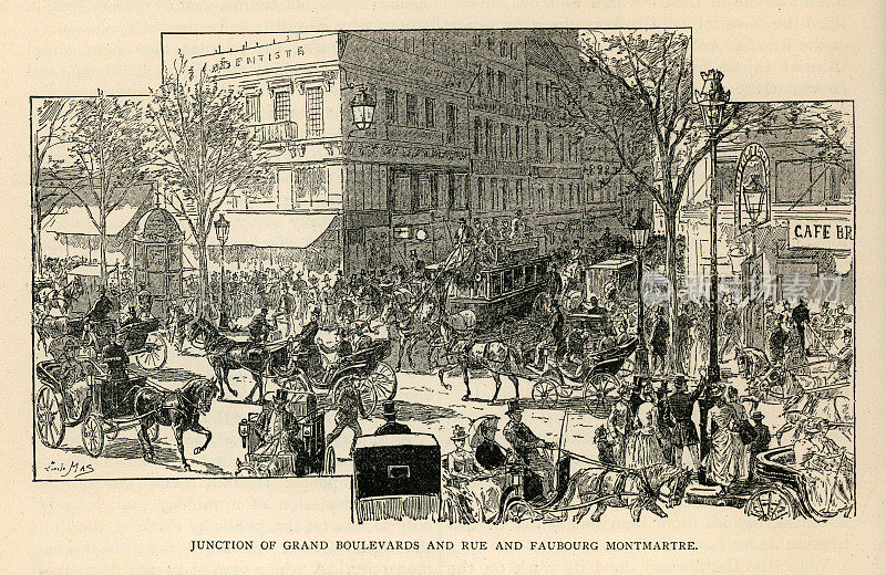 19世纪法国巴黎蒙马特区的繁忙街景