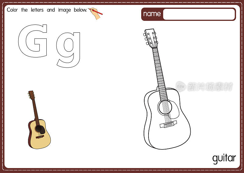 矢量插图的儿童字母着色书页与概述剪贴画，以颜色。字母G代表吉他。