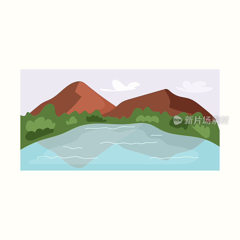 群山之间的湖泊。平面风格的矢量插图