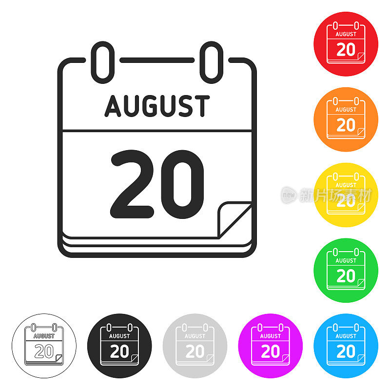 8月20日。按钮上不同颜色的平面图标