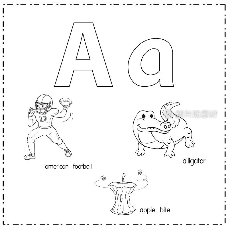 向量插图学习字母A的小写和大写的儿童与3卡通图像。美式足球苹果咬鳄鱼。