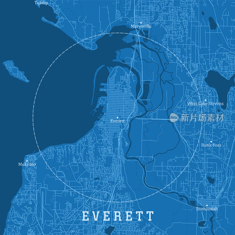 埃弗雷特市向量道路地图蓝色文本