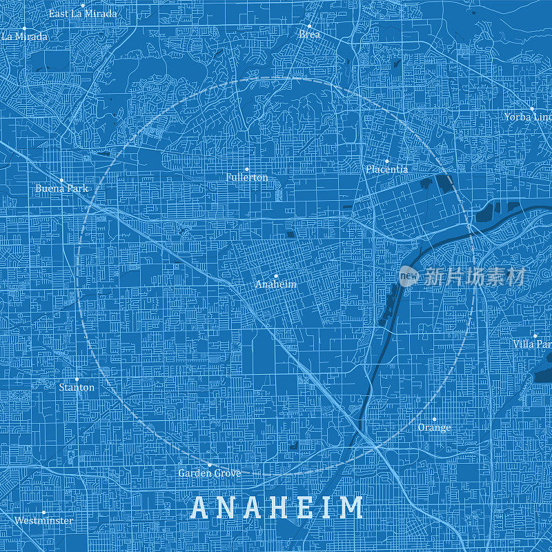 阿纳海姆CA城市矢量道路地图蓝色文本