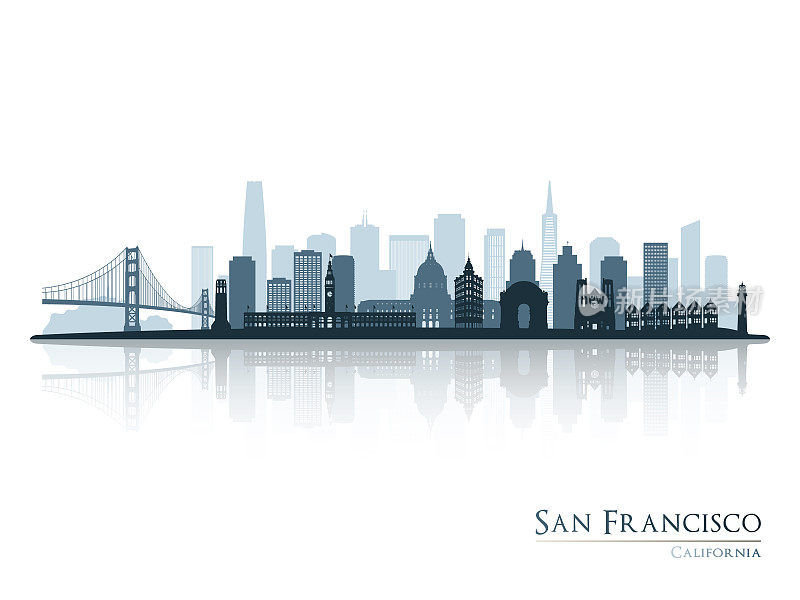 旧金山的轮廓与倒影。旧金山，加州。矢量插图。