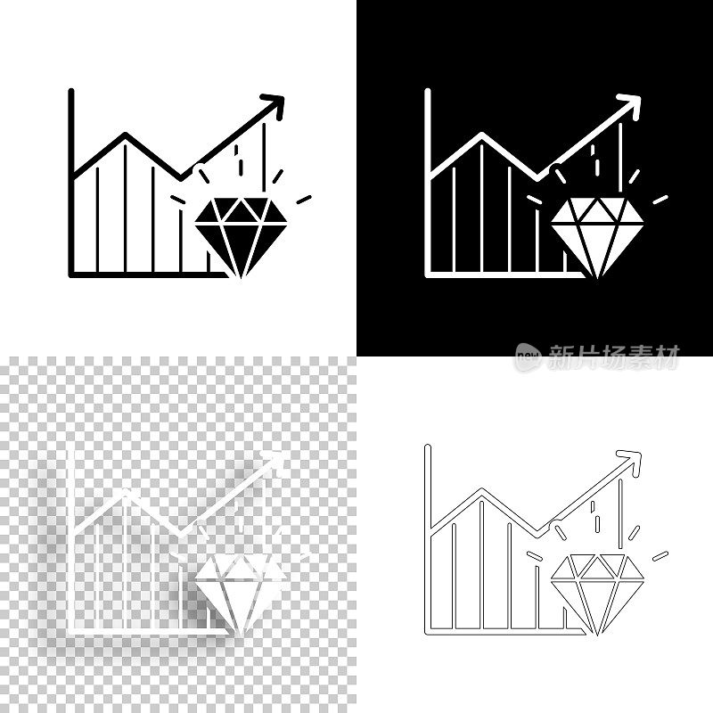 钻石增长图。图标设计。空白，白色和黑色背景-线图标