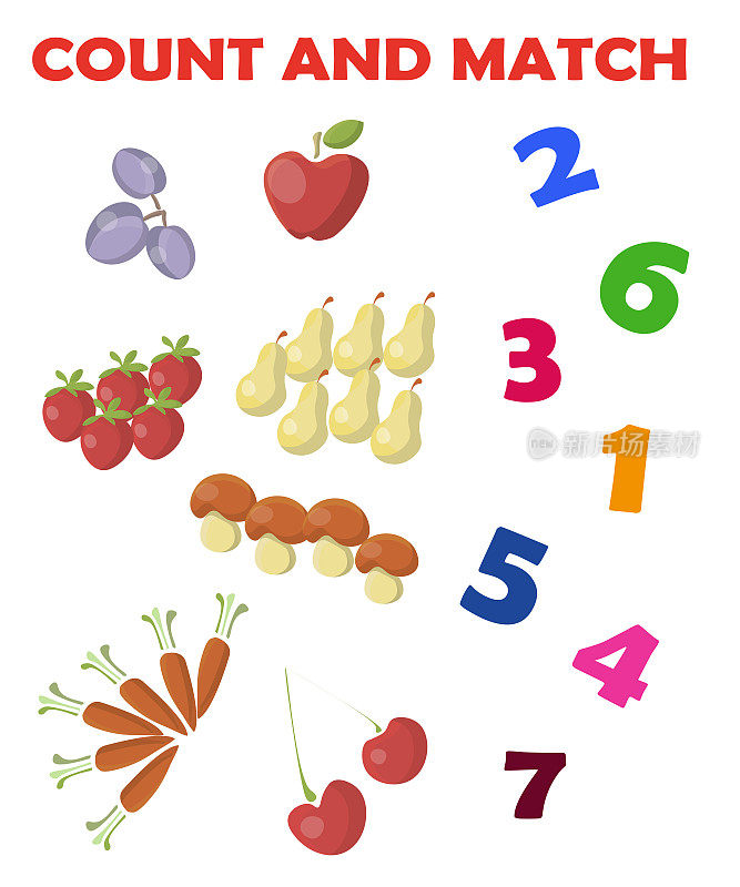 数出所有的水果和蔬菜，并配上正确的数字。