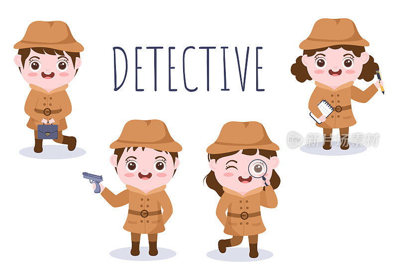 儿童卡通私人侦探或侦探谁收集信息，以解决犯罪的设备，如放大镜和其他背景插图
