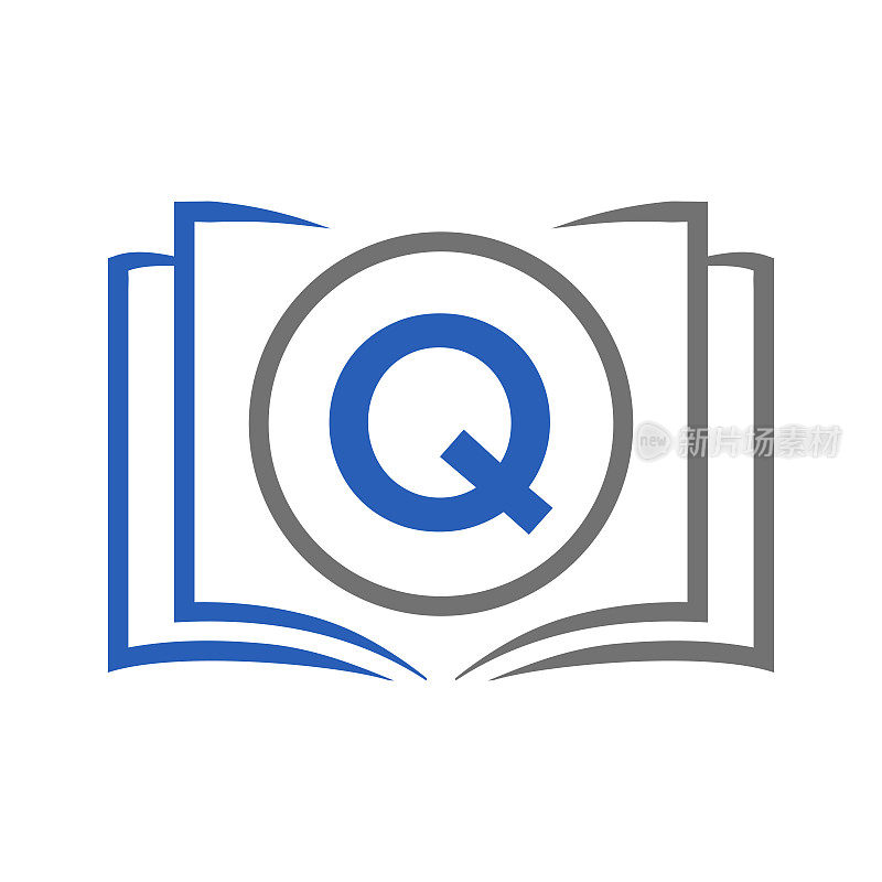 字母Q模板上的教育标志。打开书标志上Q字母，最初的教育标志概念模板