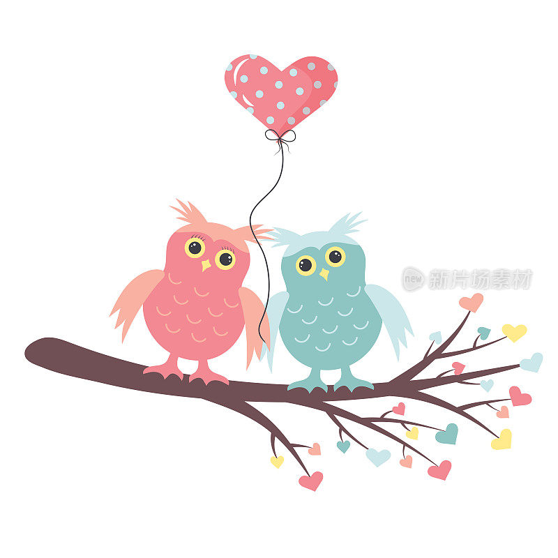 恋爱中的猫头鹰带着一个心形的气球坐在树枝上。