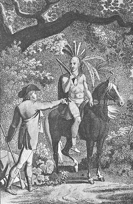 印第安人骑马，白人在森林里说话