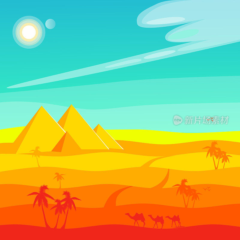 吉萨埃及金字塔全景图。感觉正午的炎热。程式化的矢量图像在卡通风格。Roardtrip。假期。