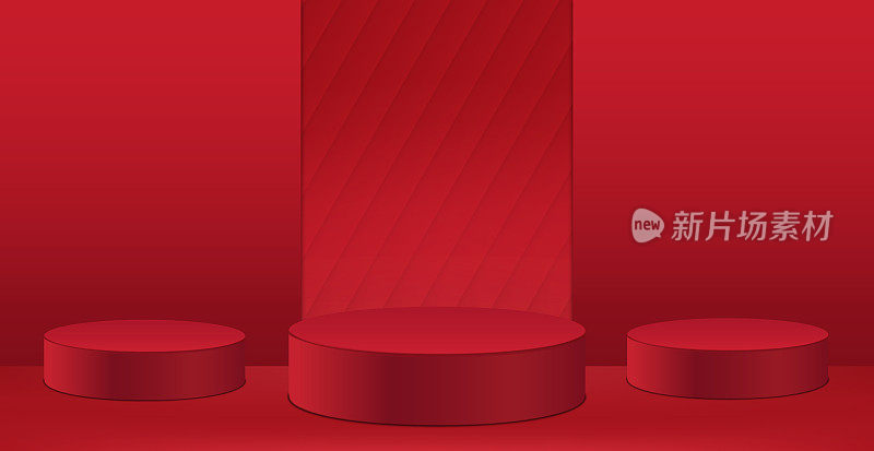 三维抽象工作室与三个基座。红色几何平台与红色抽象背景。产品展示的舞台，展示-矢量